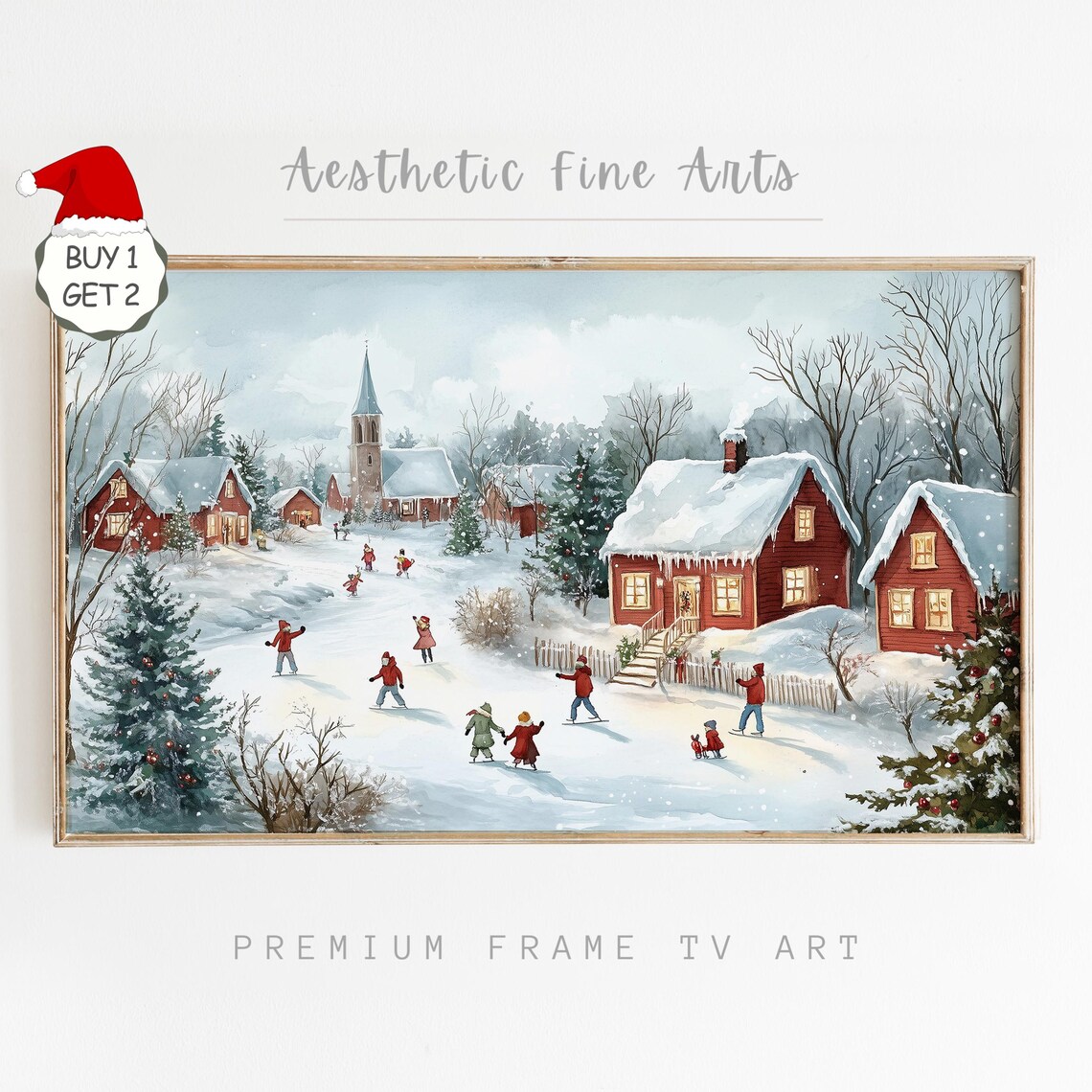 Snowy Village Church Frozen Pond Skaters Red Barns Winter Art Poster - Image 4