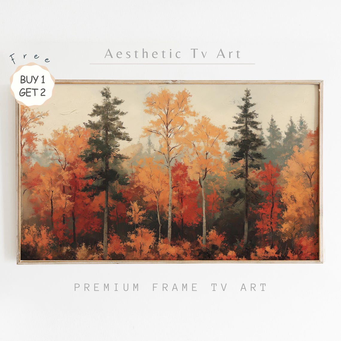 Autumn Birch Pine Forest Orange Foliage Oil Painting TV Art Poster