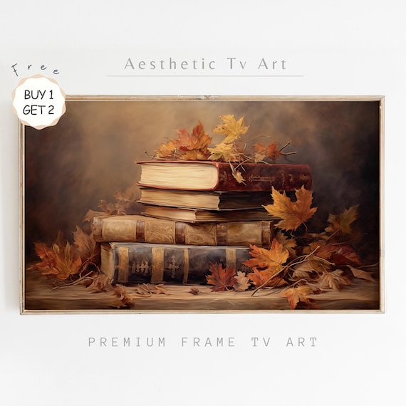 Vintage Autumn Frame Tv Art Antique Books Oil Painting Moody Fall Wall Art Rustic Seasonal Home Decor Frame Tv