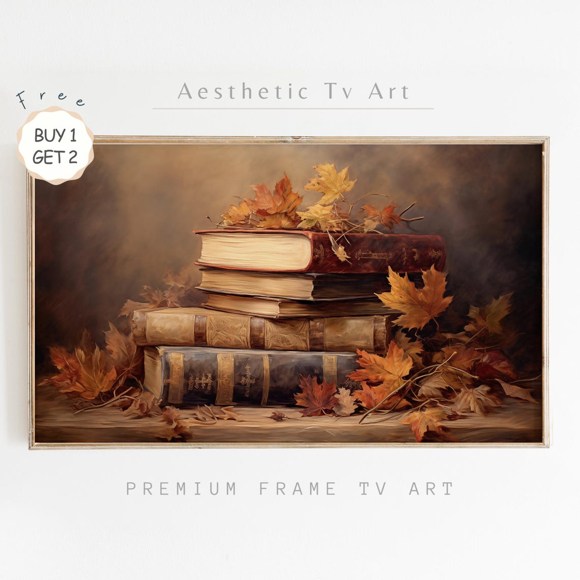 Antique Books Stack with Autumn Leaves Cozy Fall Still Life TV Art
