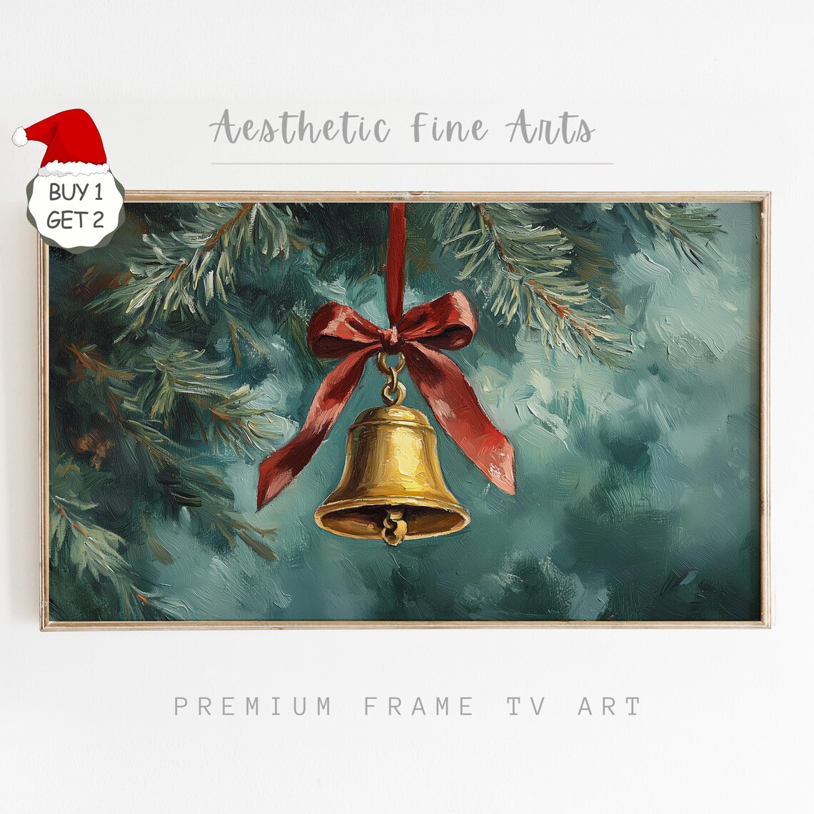 Vintage Gold Christmas Bell Red Ribbon Bow Pine Oil Painting Poster