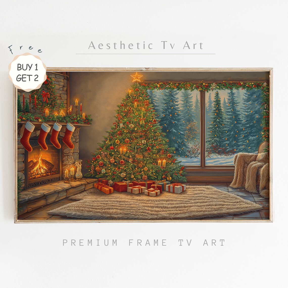 Cozy Christmas Living Room Fireplace Stockings Tree Gifts Wall Art