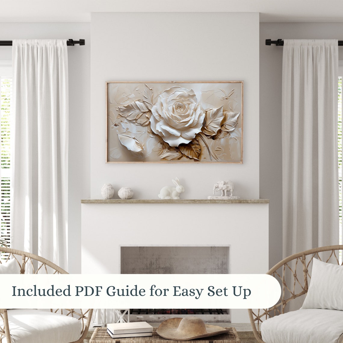 Cream Rose Close Up Textured Impasto Neutral Botanical Poster - Image 3