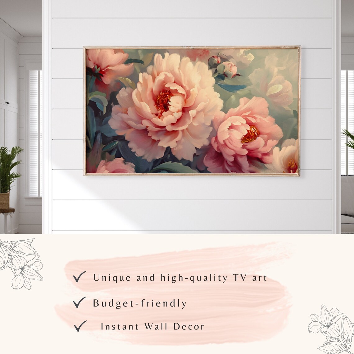 Blush Pink Peonies Close Up Romantic Floral Oil Painting Wall Art - Image 3