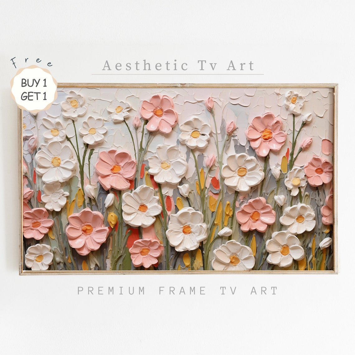 Blush Pink Cosmos Impasto Oil Painting Textured Spring Floral Wall Art