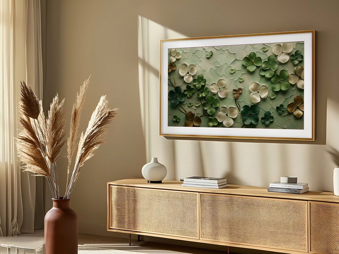 Sage Green Clover Impasto Textured Abstract St Patricks Poster - Image 3