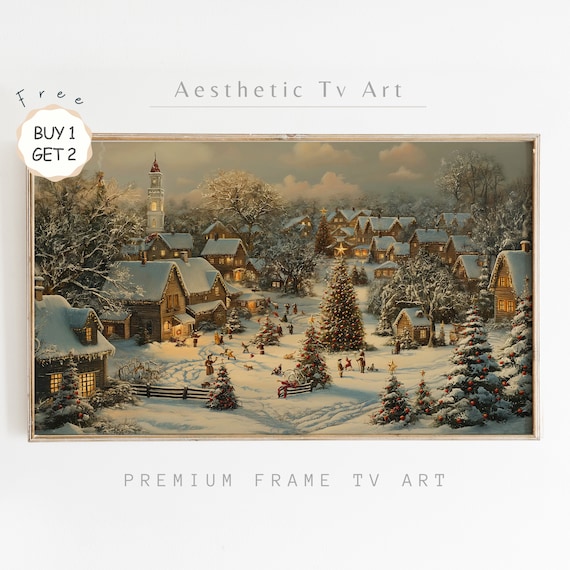 Christmas Town Frame Tv Art Moody Winter Frame Tv Art Farmhouse Christmas Vintage Town Oil Painting Farmhouse Christmas Decor