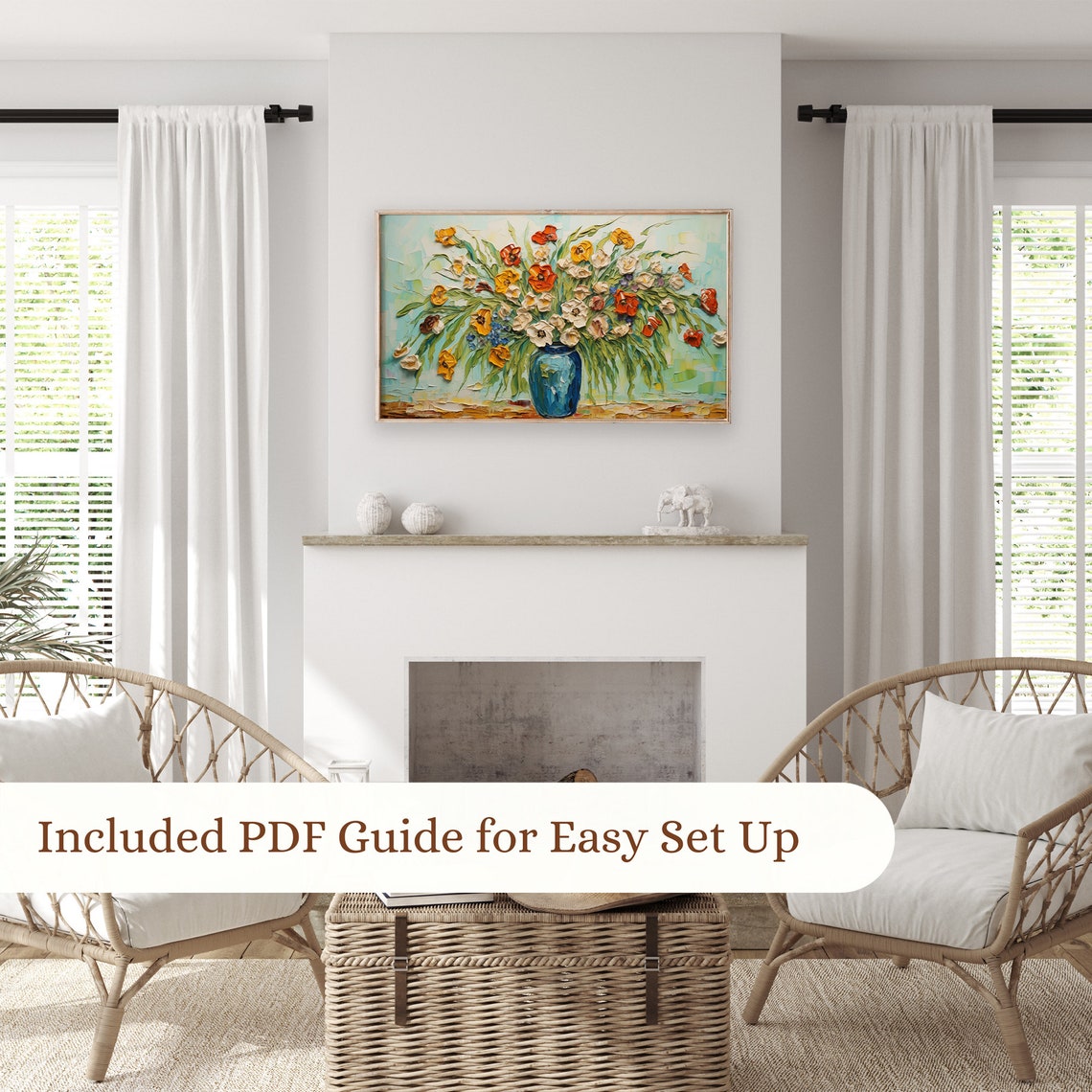 Flower Bouquet Blue Vase Textured Impasto Still Life Art Poster - Image 3