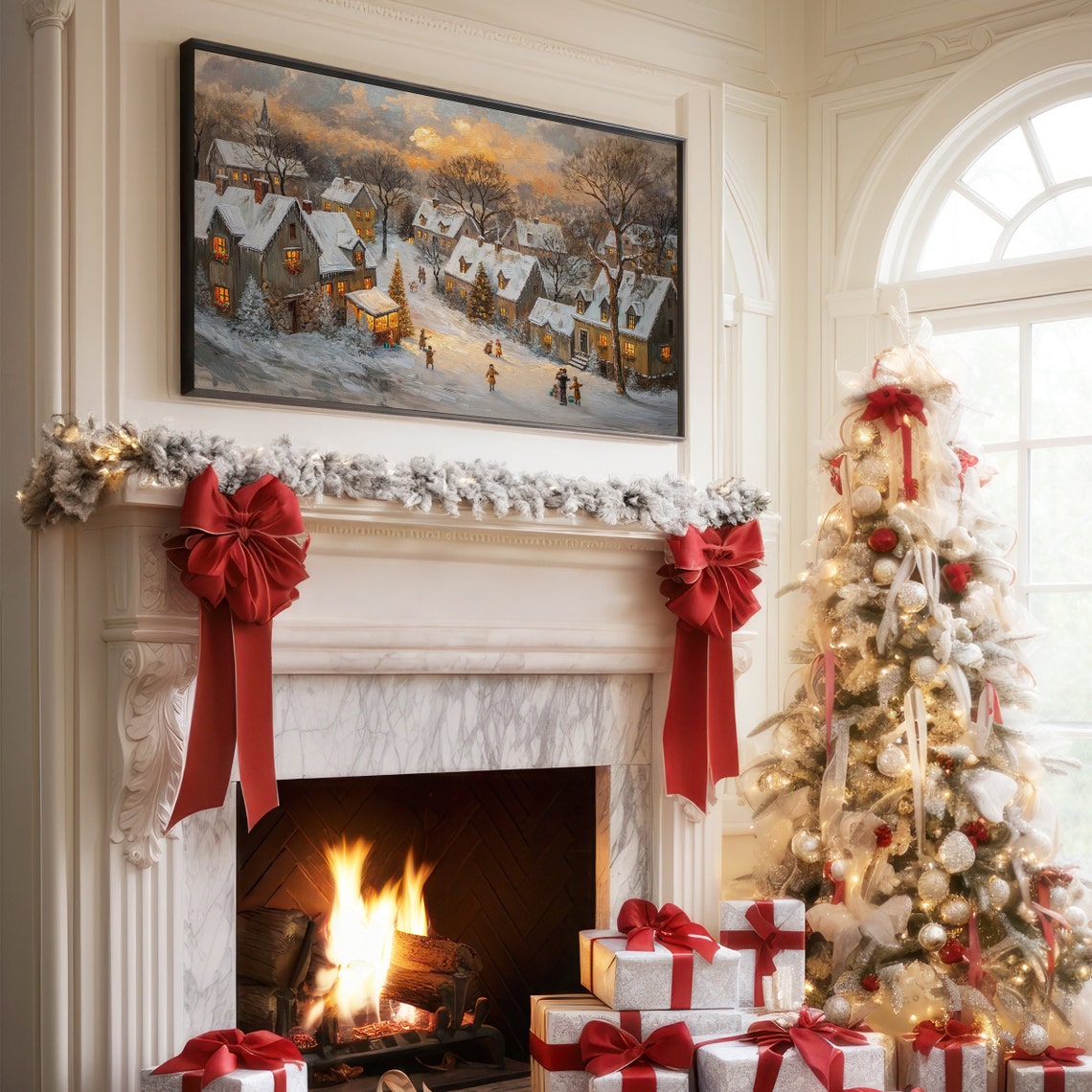 Christmas Town Frame Tv Art Moody Winter Frame Tv Art Farmhouse Christmas Vintage Town Painting Farmhouse Christmas Decor - Image 3