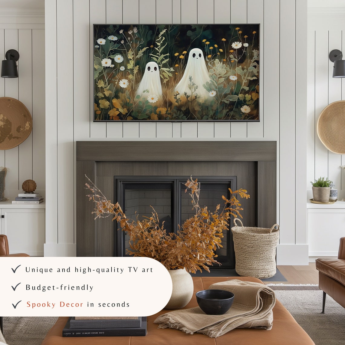 Two Cute Ghosts Dark Wildflower Meadow Spooky Cute Halloween Poster - Image 3