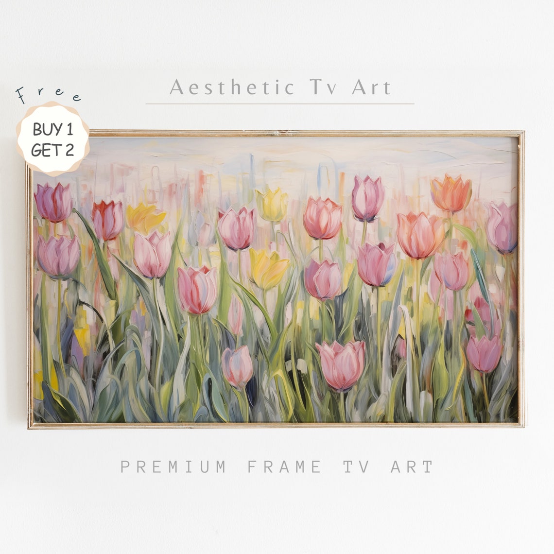 Spring Tulip Field Pink Orange Yellow Blooms Impressionist Poster