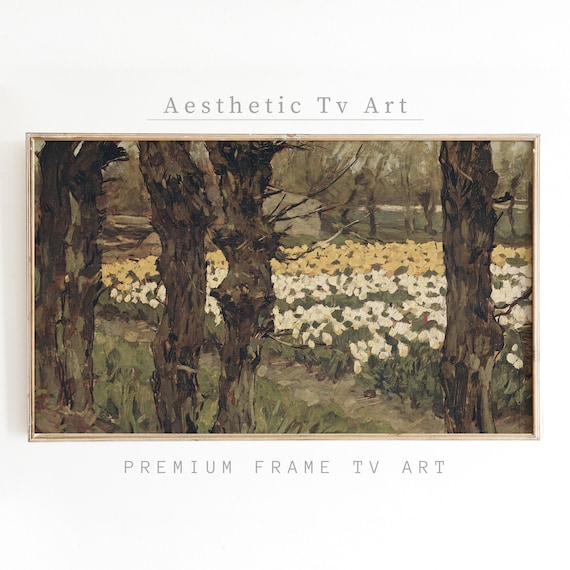 Frame Tv Art Spring Flower Field Vintage Moody Oil Painting Cottagecore Wall Art Decor Farmhouse Frame Tv Art