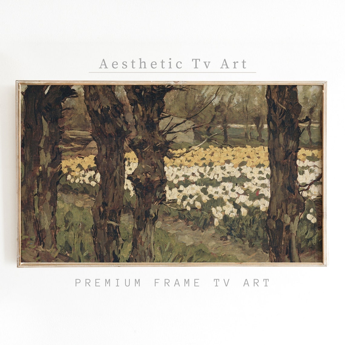 Vintage Moody Flower Field Dark Forest Trees Oil Painting Art