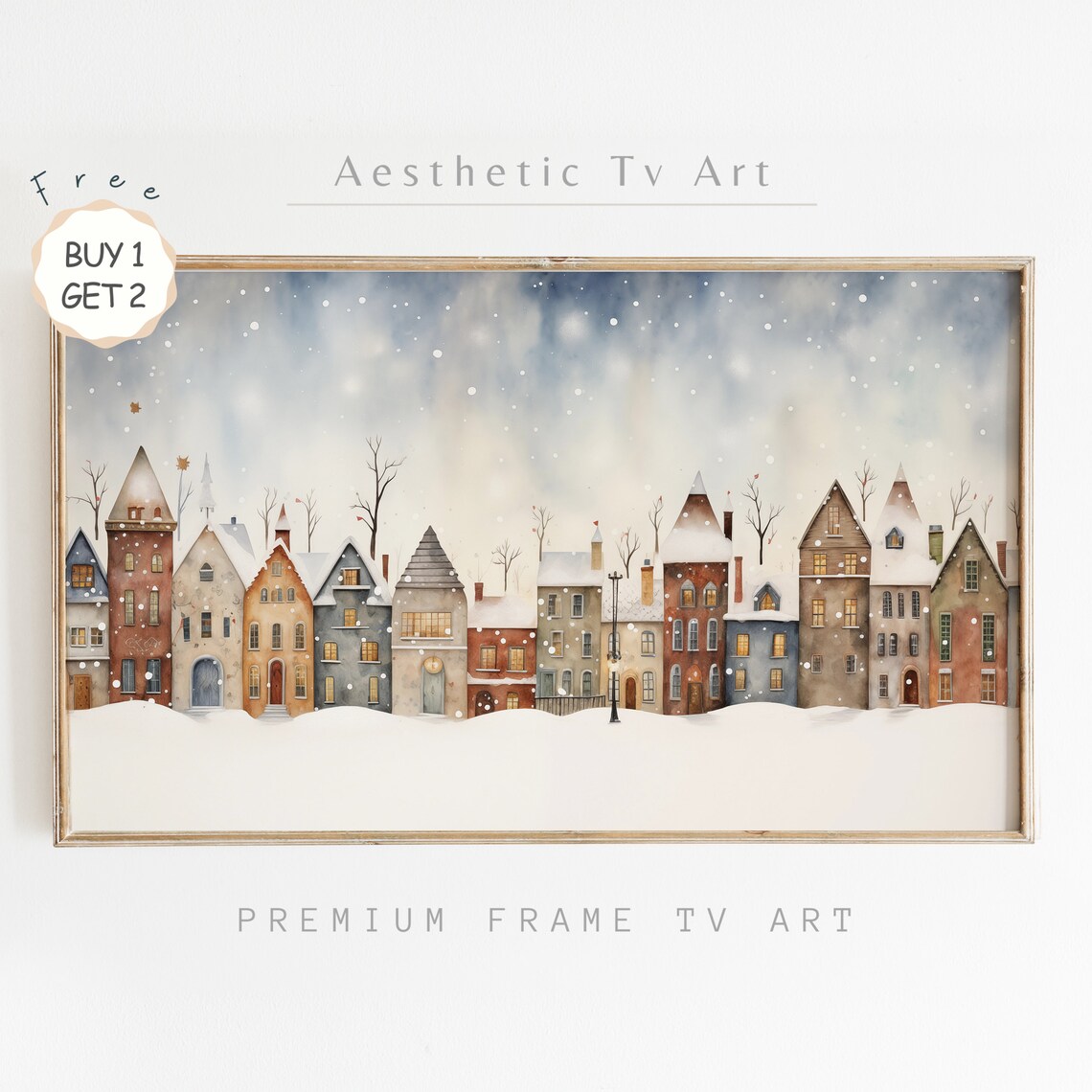 Snowy Christmas Village Row of Houses Falling Snow Cozy Holiday Poster