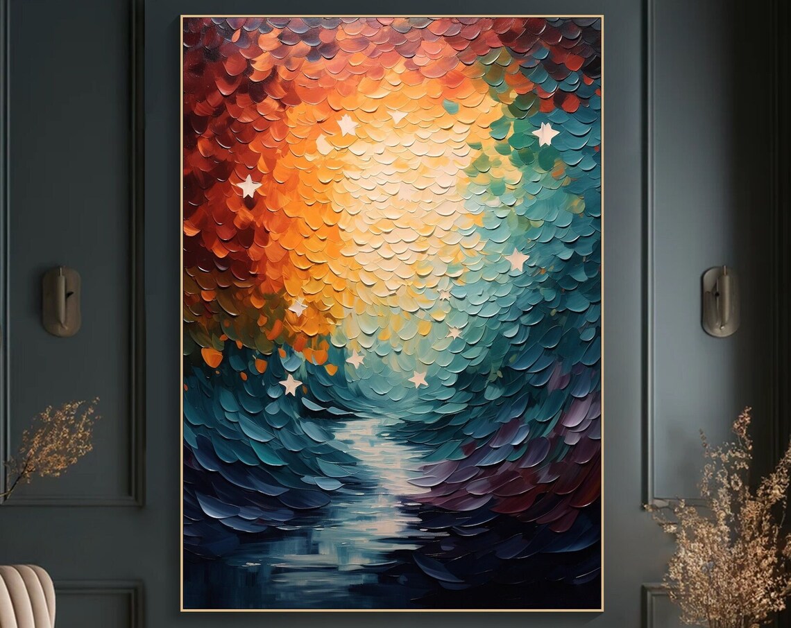 Original Starry Painting On Colorful Palette Knife Painting Designer Art Choice Inspirational Center Art Piece Living Room Art