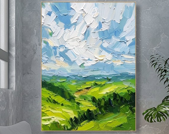 Bright Landscape Painting Textured Sky Field Hand Painted Hills And Clouds Impressionist Decor Nature Inspired Art Tranquil Fine Art