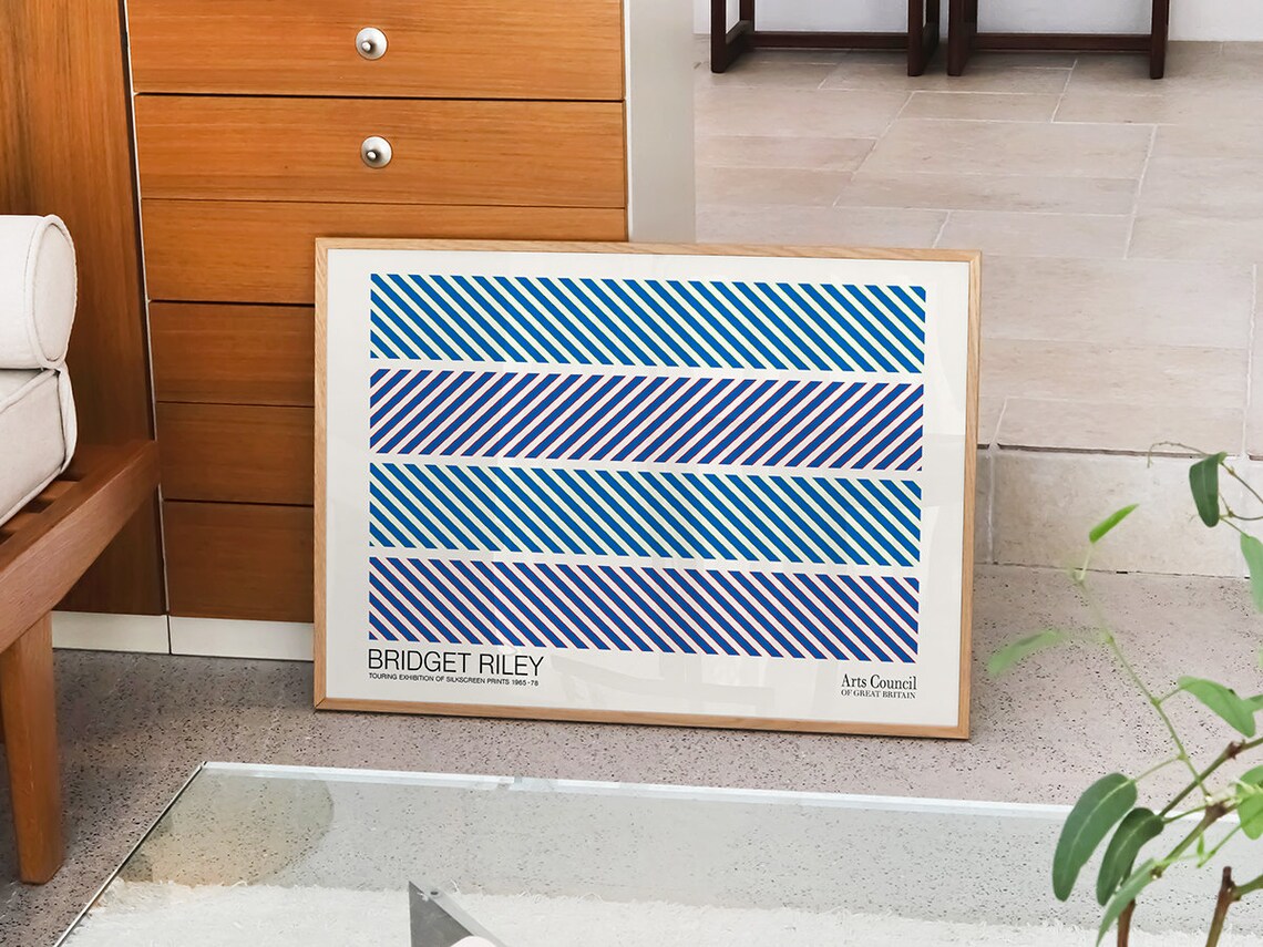 Bridget Riley Blue Diagonal Stripes Silkscreen Exhibition 1965 to 1976 Poster - Image 2