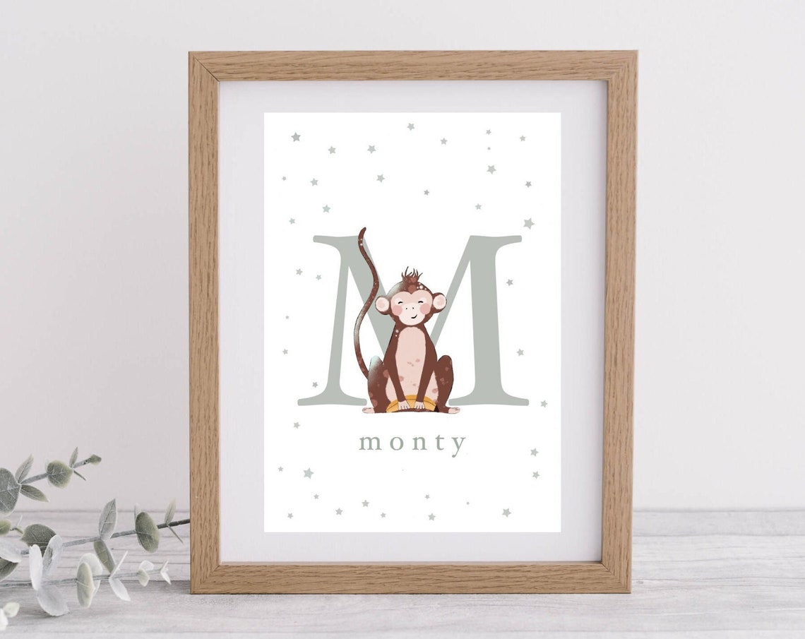 Personalised Letter M Monkey Poster with Name Monty for Nursery