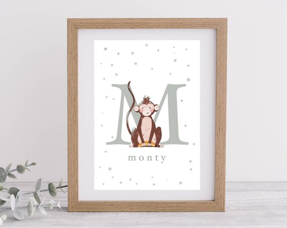 Personalised Letter M Monkey Poster with Name Monty for Nursery