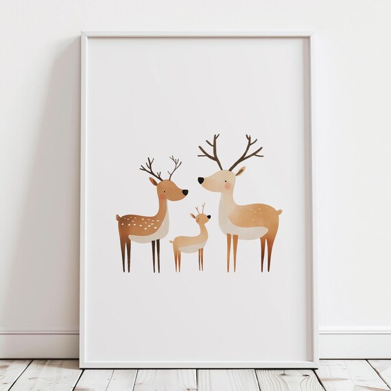 Reindeer Family Two Adults Baby Deer Minimalist Nursery Poster