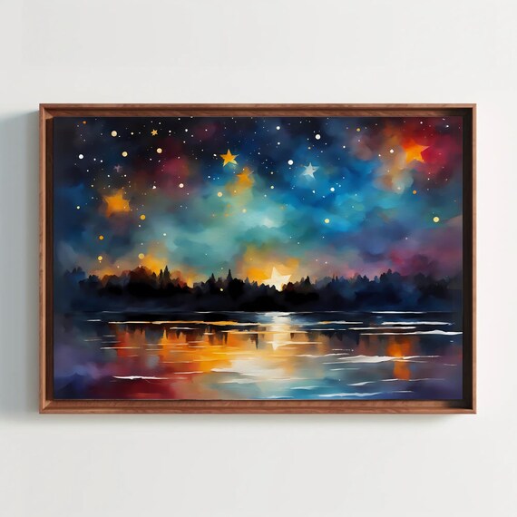 Relaxing Starry Night Sky Watercolor Painting Twilight Landscape Art Sunset Lake Nature Gift For Kids Wall