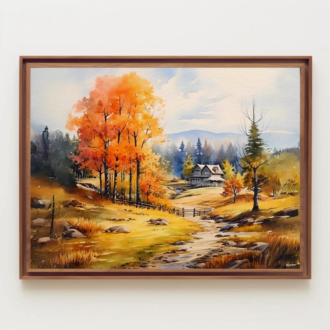 Farmland Fall Landscape Watercolor Painting Autumn Foliage Art Leaves Wall