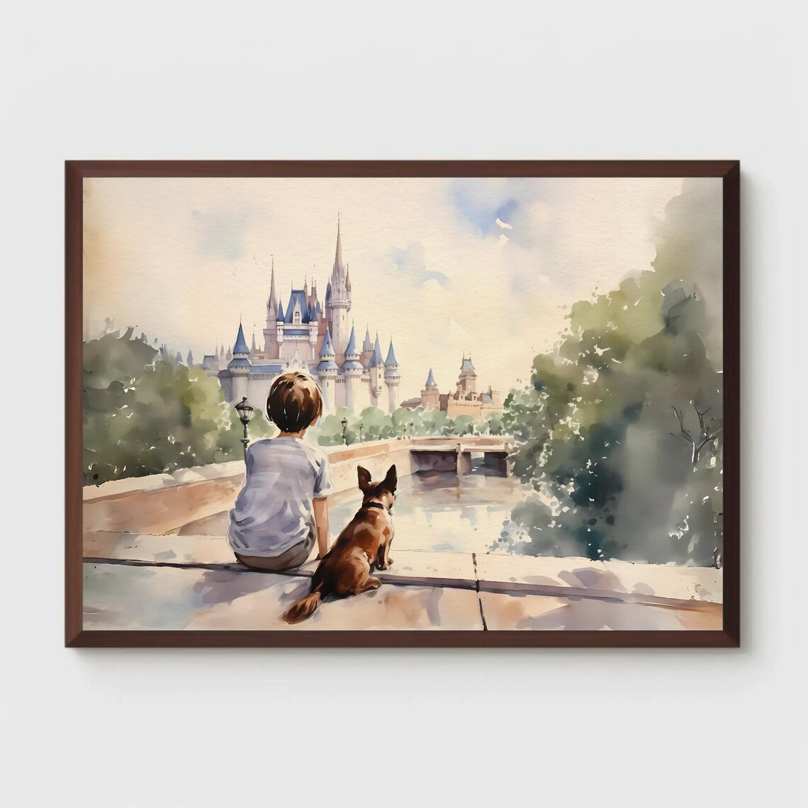 Boy and Dog Gazing at Fairytale Castle Watercolor Nursery Poster