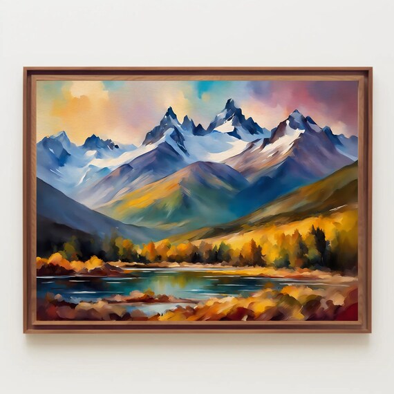 Snow Capped Mountains Above Autumn Golden Lake Watercolor Poster