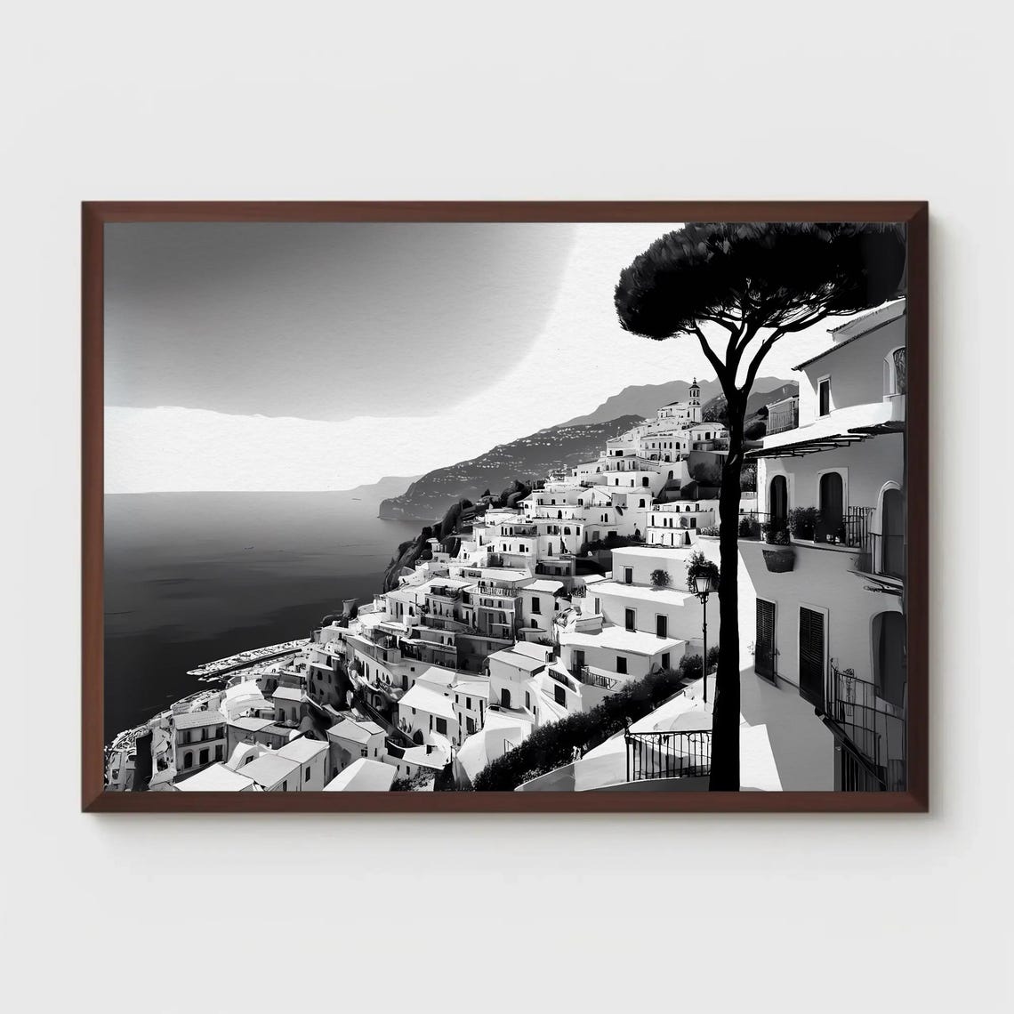 Black and White Coastal Cliffside Town Pine Tree Seascape Poster