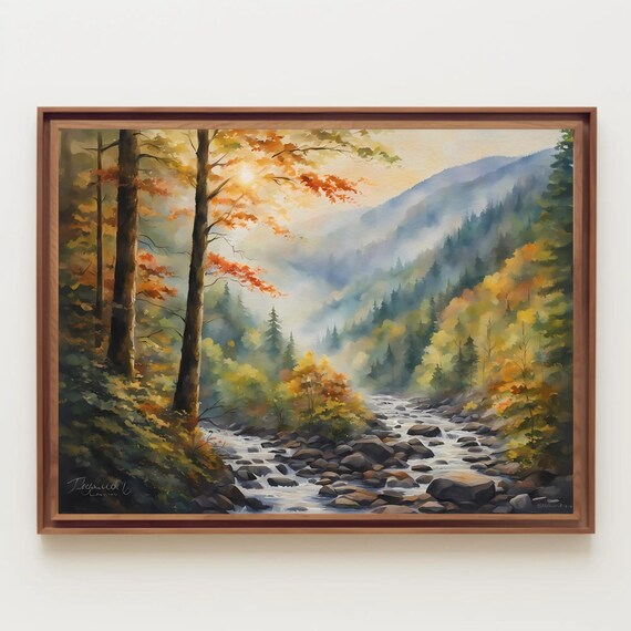 Misty Autumn Stream in Smoky Mountains Watercolor Forest Poster