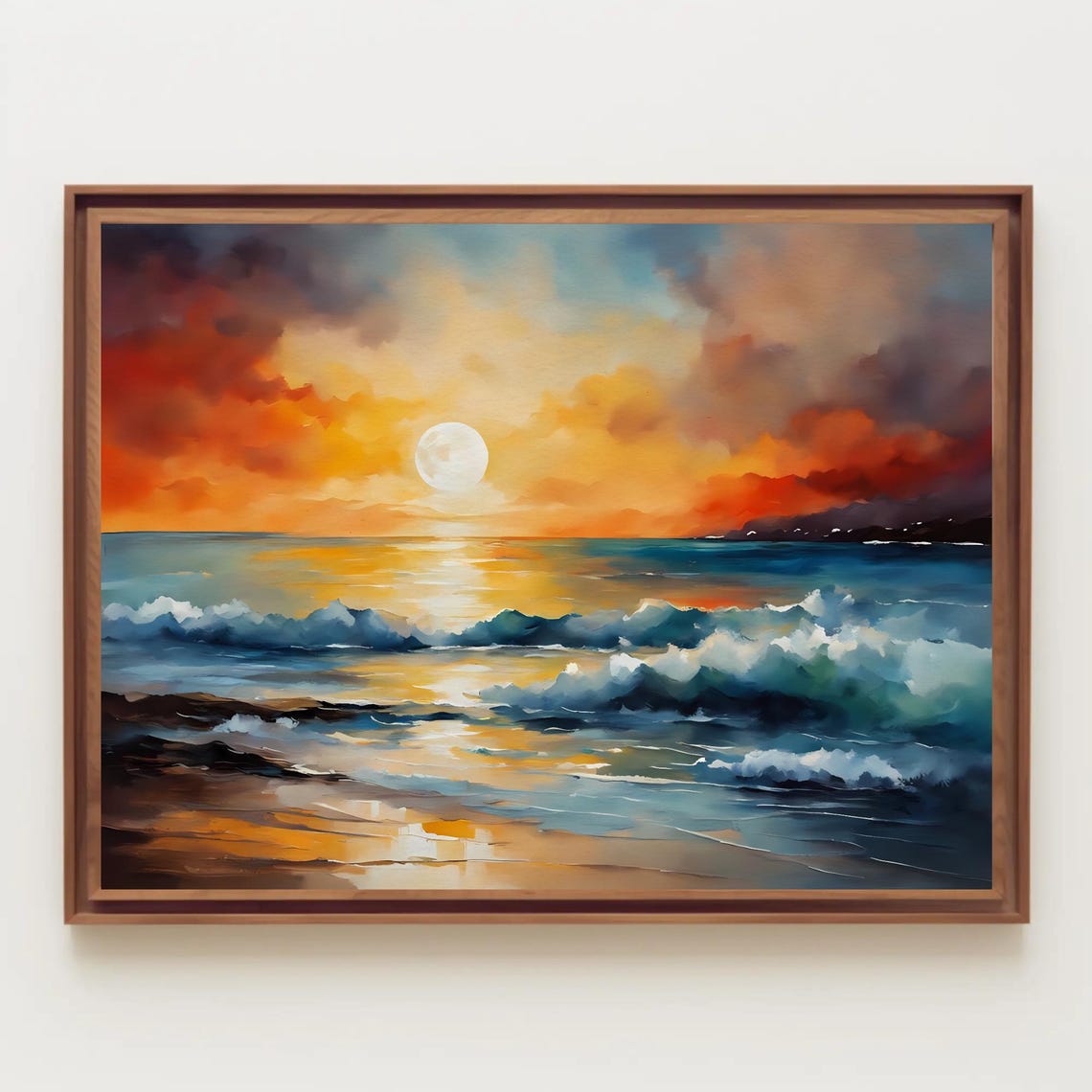 Fiery Sunset Ocean Waves Large Sun Reflective Shore Painting Poster
