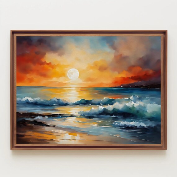 Fiery Sunset Ocean Waves Large Sun Reflective Shore Painting Poster