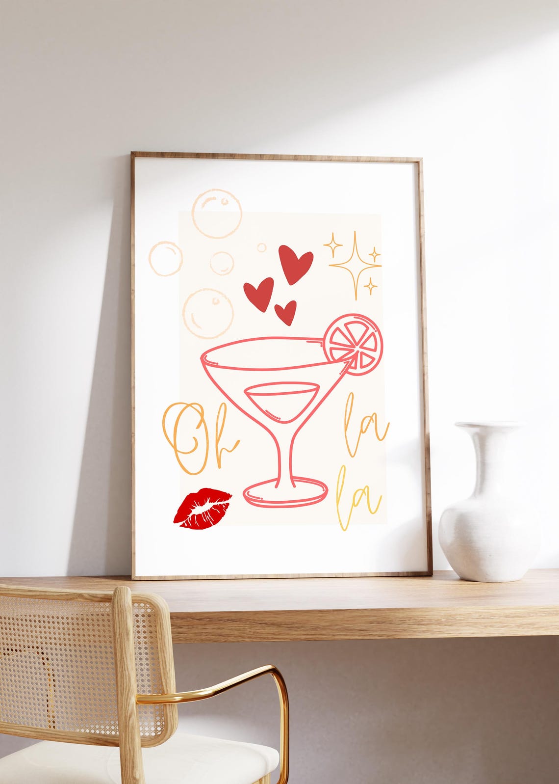 Oh La La Cocktail Glass Line Art Poster with Red Hearts Decor - Image 2
