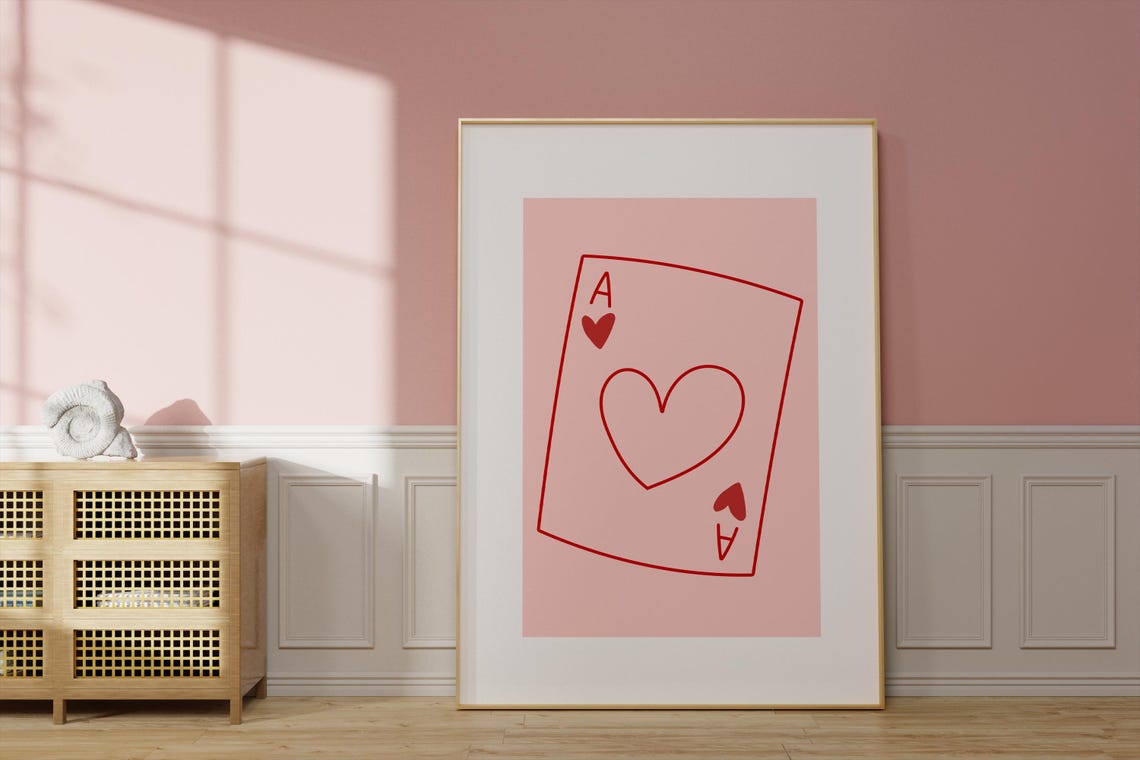 Ace of Hearts Playing Card Line Drawing Poster in Red and Pink