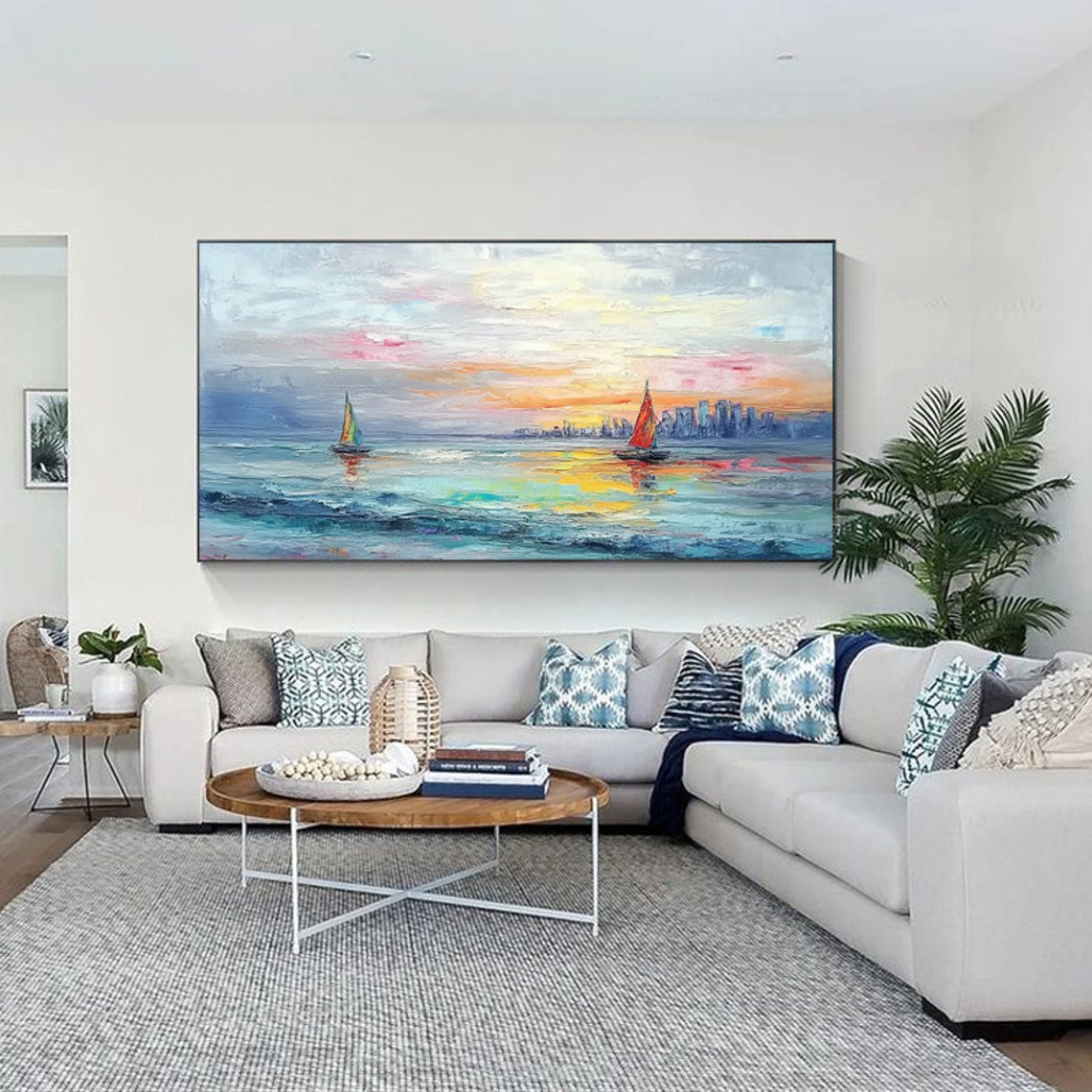 Peaceful Sunset Sailboats Drifting by a City Skyline Harbor Poster - Image 4