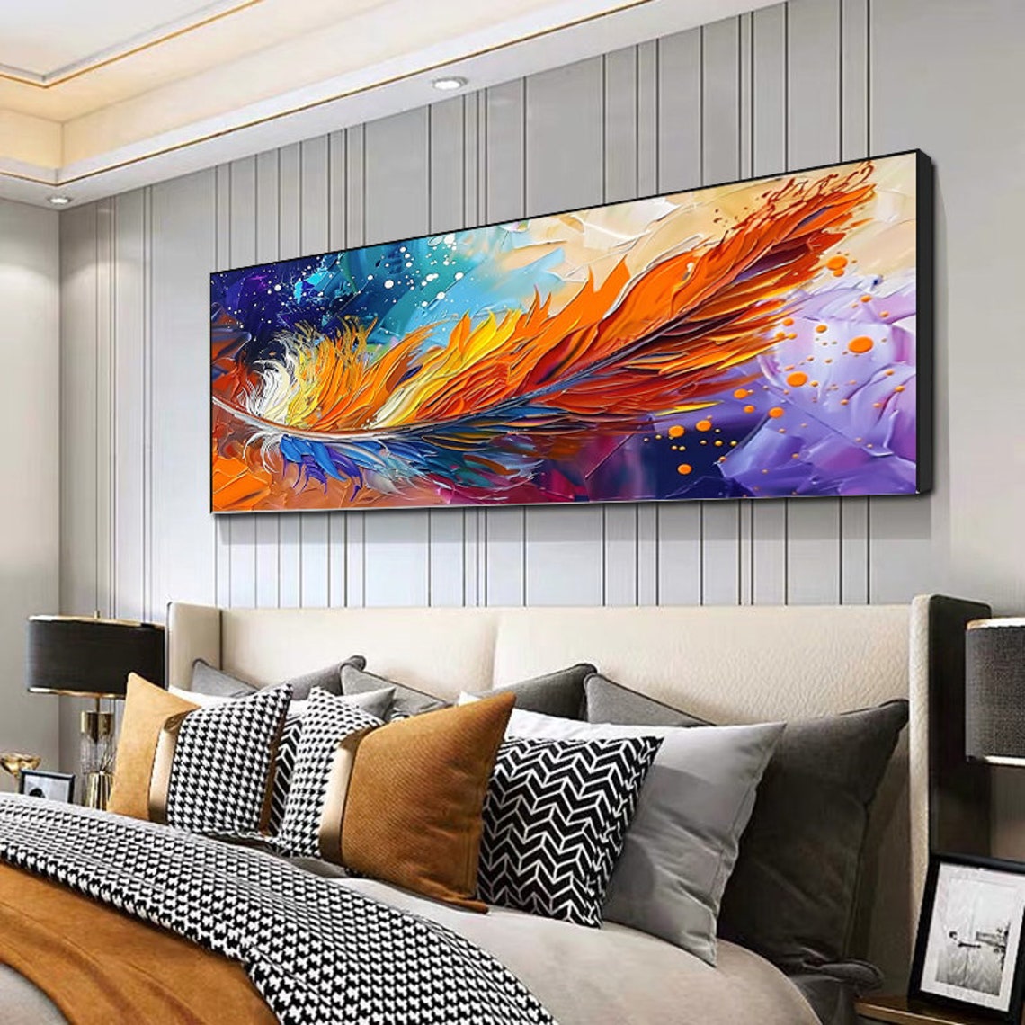 Blazing Orange Feather Sweeping Over a Violet Dreamscape Wall Art - Image 2