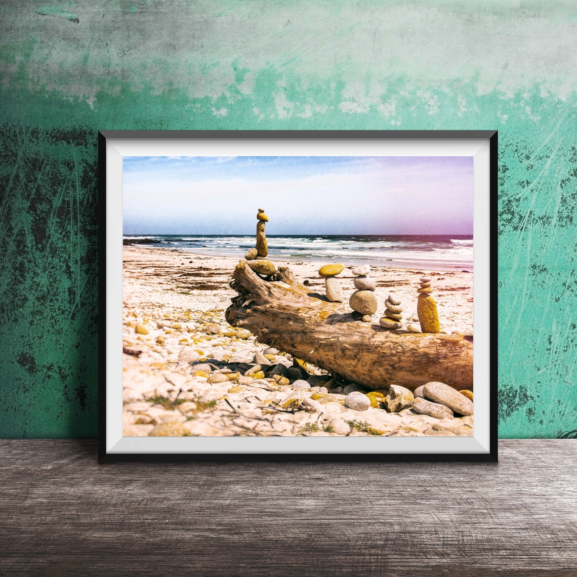 Balanced Stone Cairns Driftwood Pacific Beach Zen Photo Poster