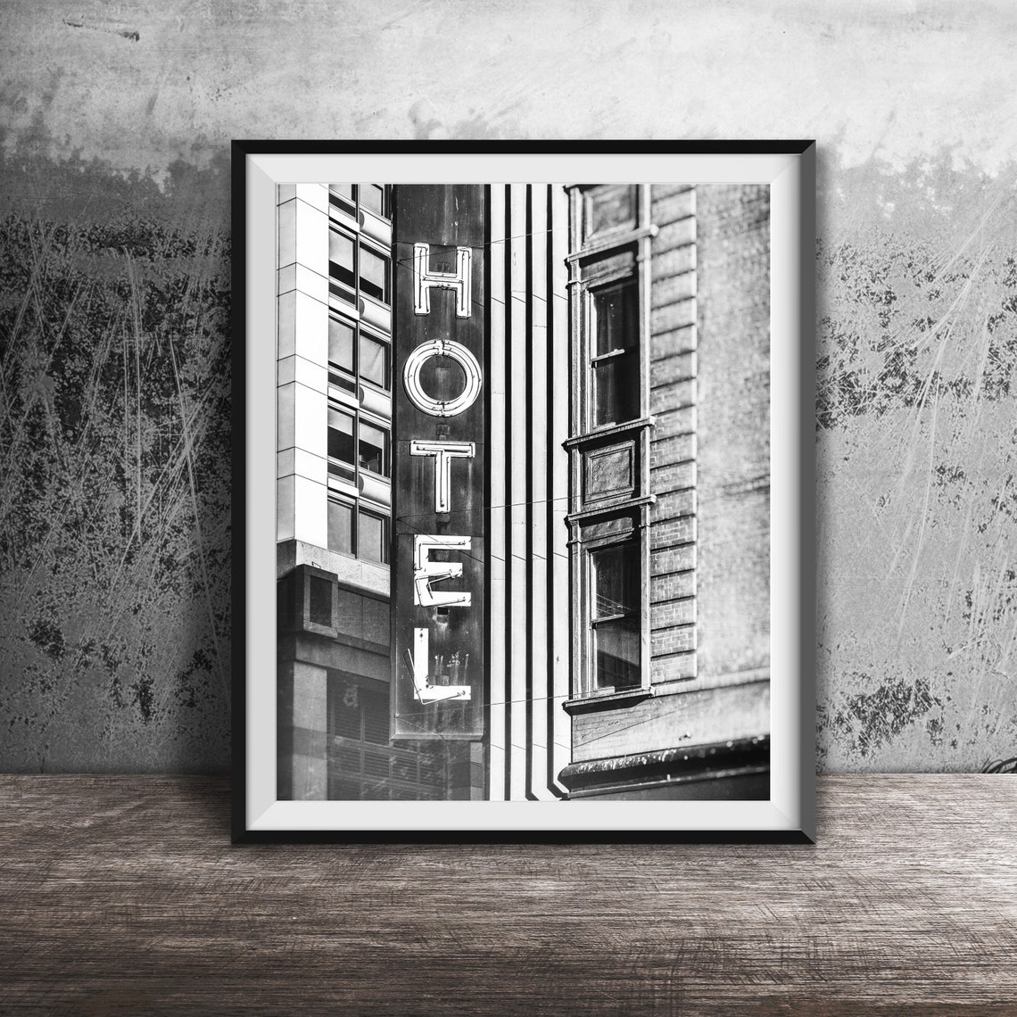Vertical Green Neon Hotel Sign City Architecture Photography Poster - Image 2