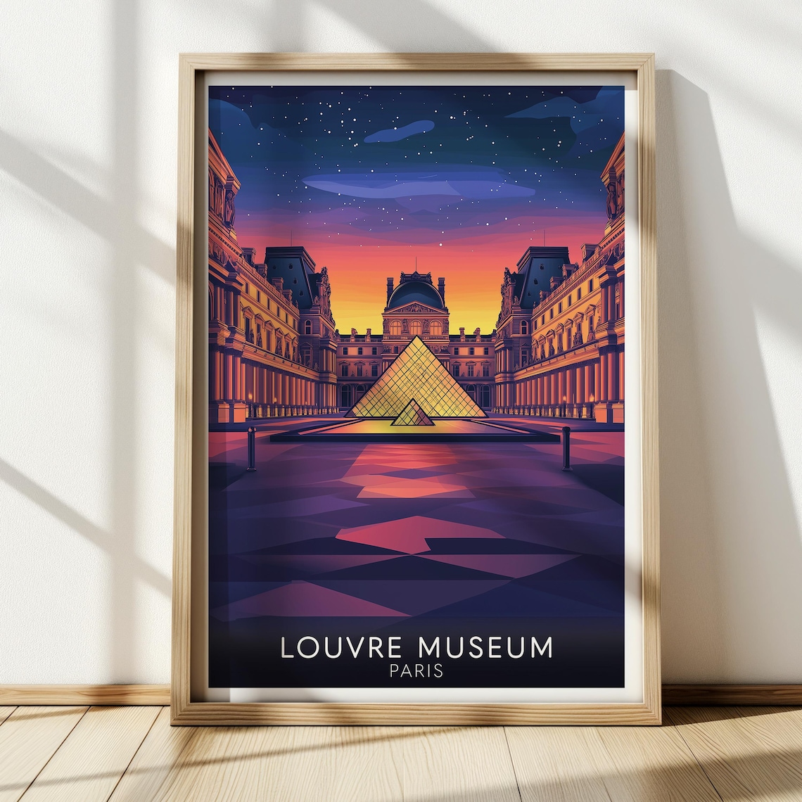 Louvre Museum Paris Glass Pyramid Night Sky Sunset Travel Poster