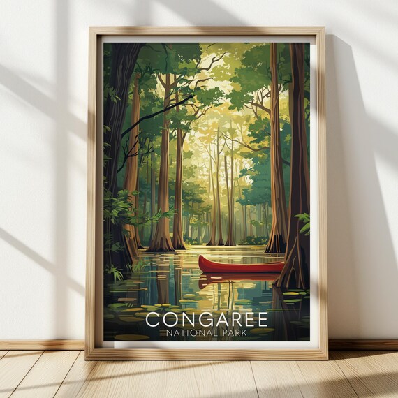 Congaree National Park Red Canoe Cypress Swamp Vintage Travel Poster