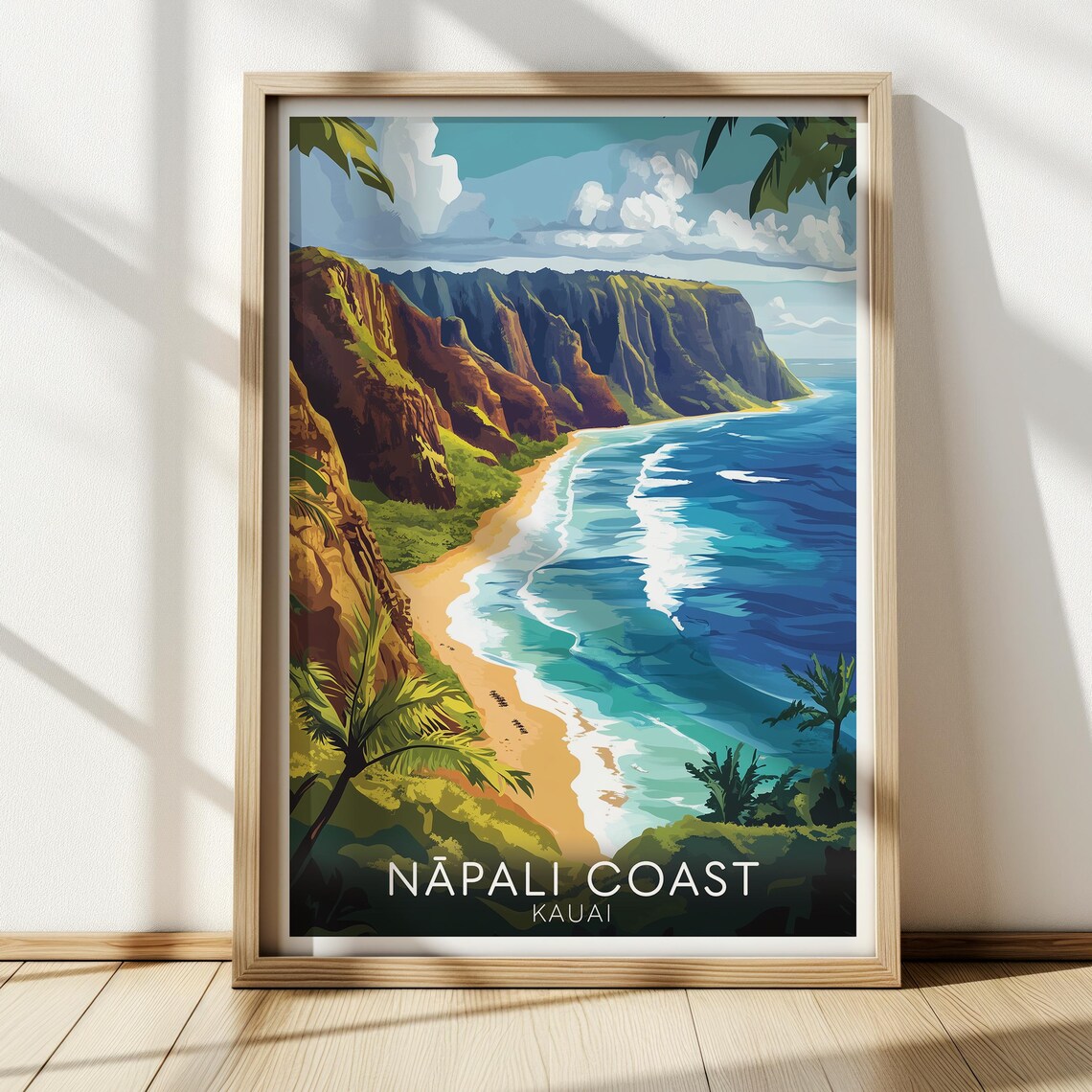 Napali Coast Travel Poster, Kauai Hawaii Ocean Landscape