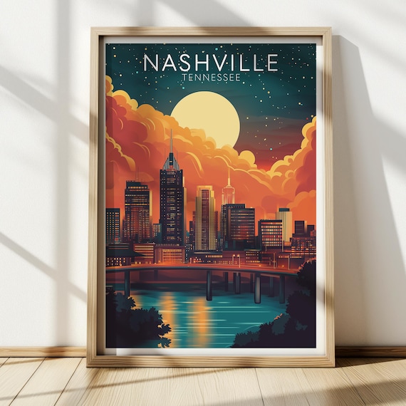 Nashville Tennessee Skyline Sunset Moon River Vintage Travel Poster