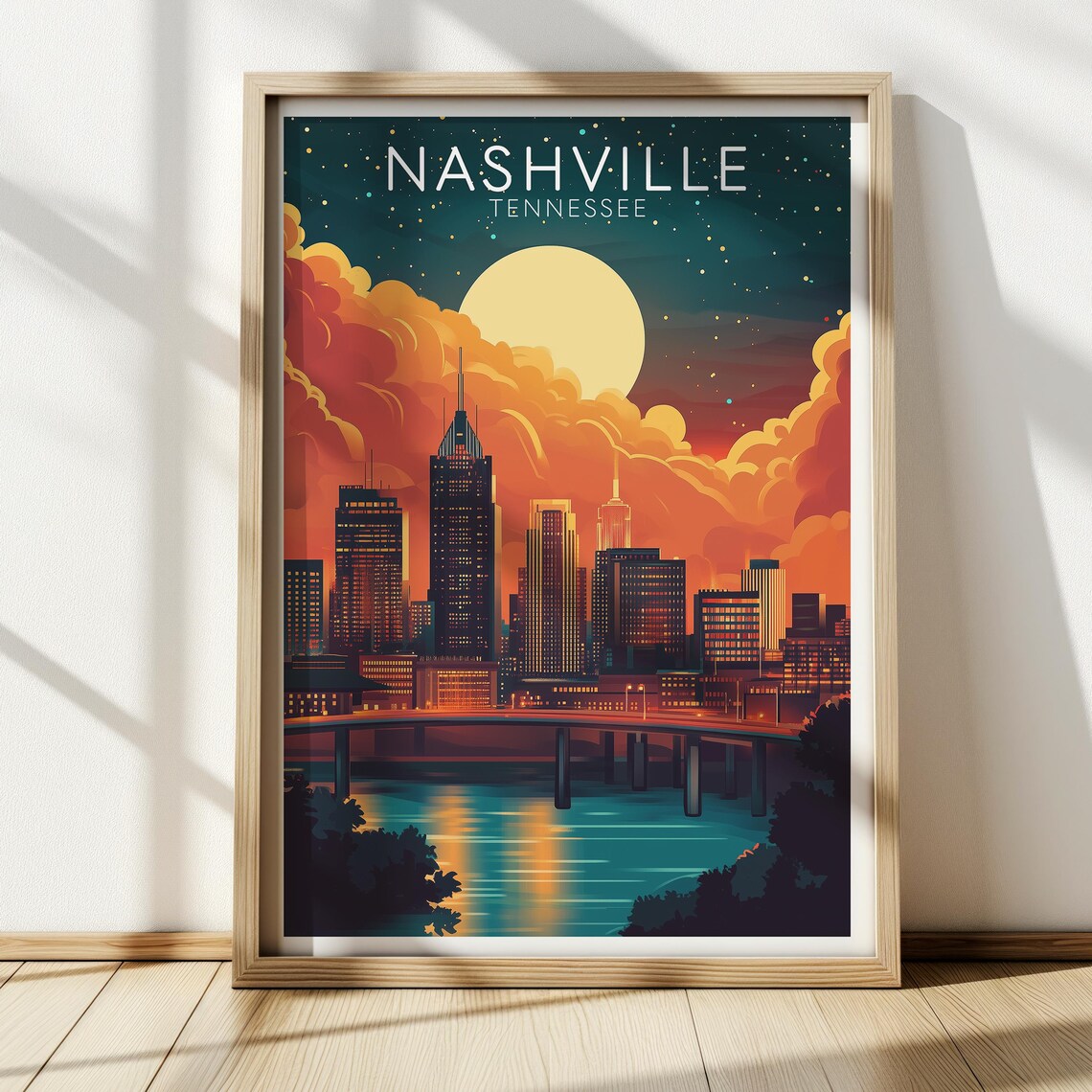 Nashville Tennessee Skyline Sunset Moon River Vintage Travel Poster