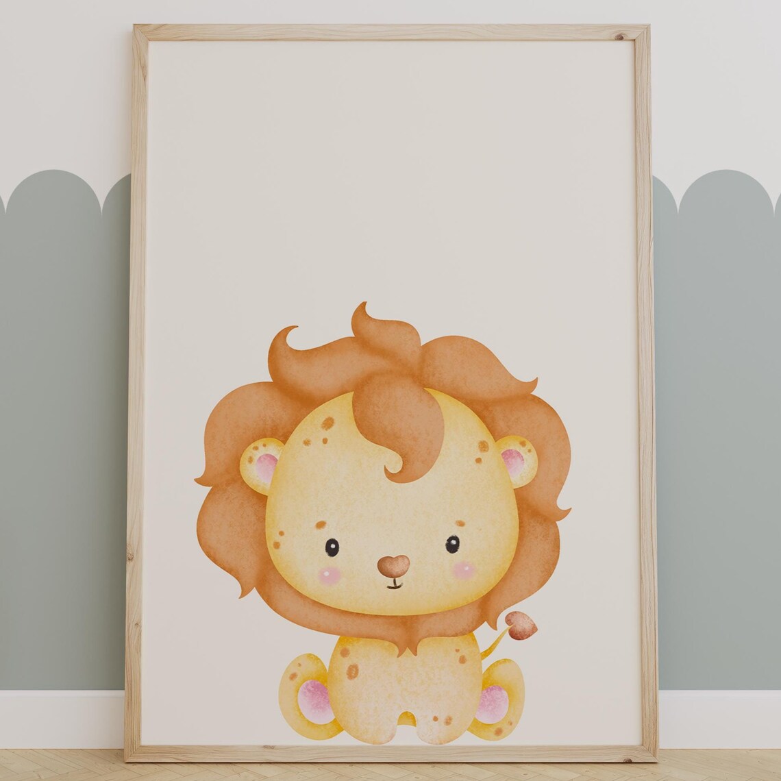Cute Baby Lion Watercolor Portrait Safari Themed Nursery Poster