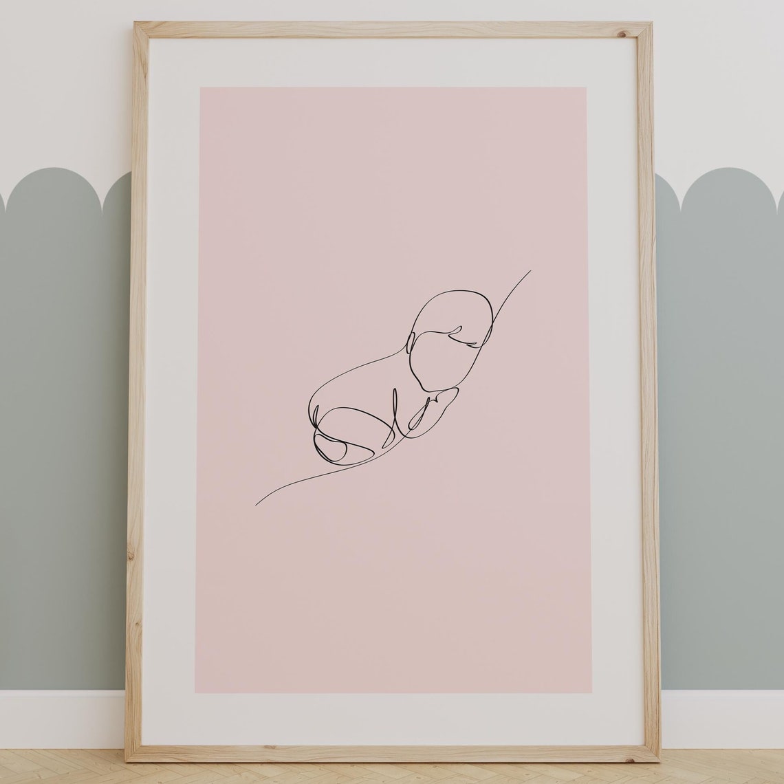 Sleeping Newborn Baby Single Line Art Pink Minimalist Nursery Poster