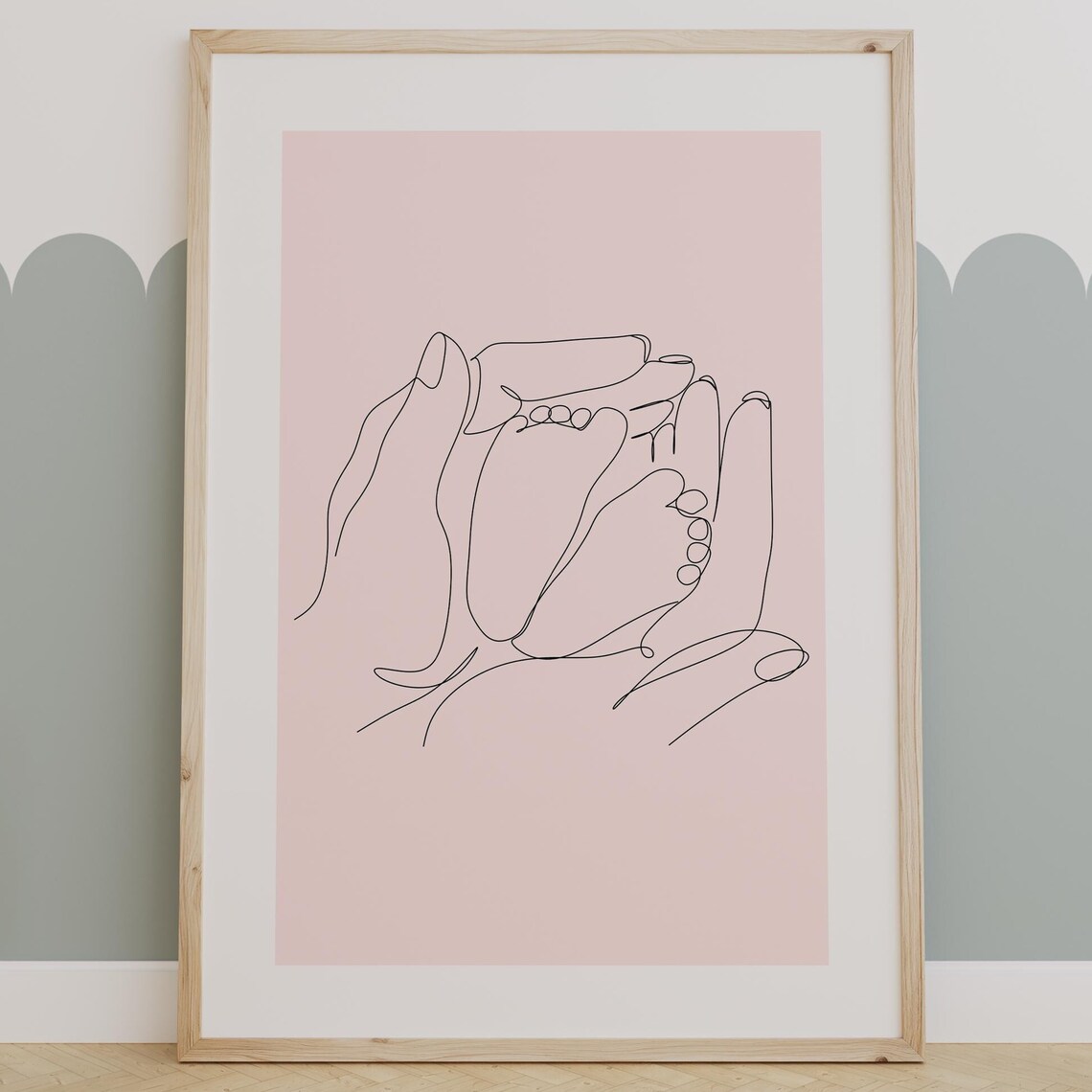 Parent Hands Holding Baby Feet Line Art Newborn Family Wall Poster