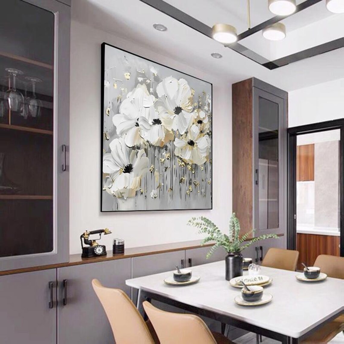 White Anemone Flowers With Gold Leaf Accents on Gray Wall Art - Image 2