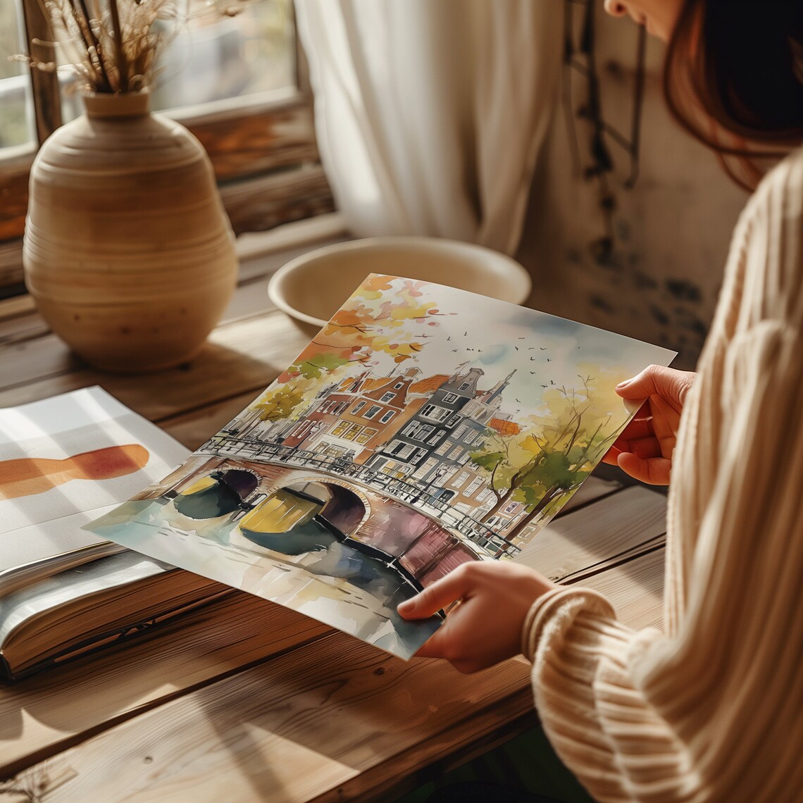 Amsterdam Canal Autumn Watercolor Gabled Houses Bridge Poster - Image 4