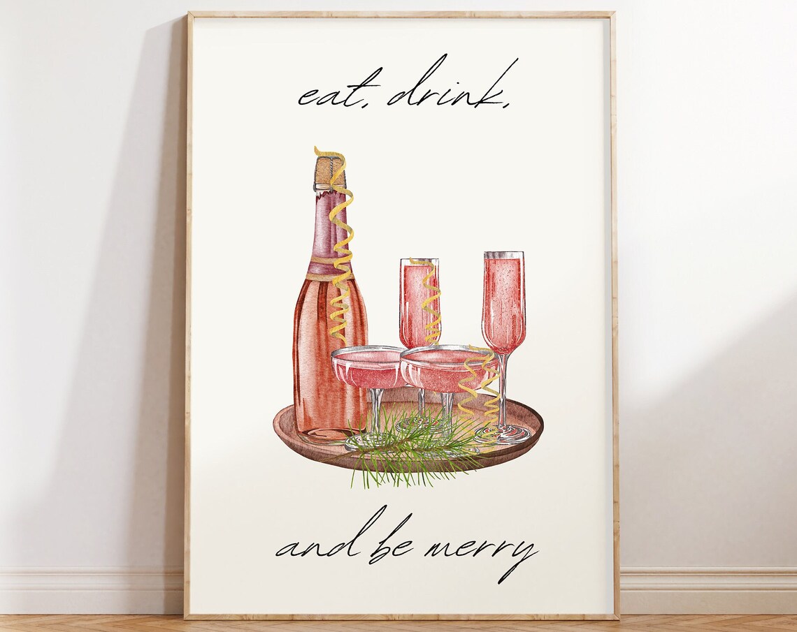 Eat Drink And Be Merry Champagne Bottle Tray Watercolor Quote Print - Image 5