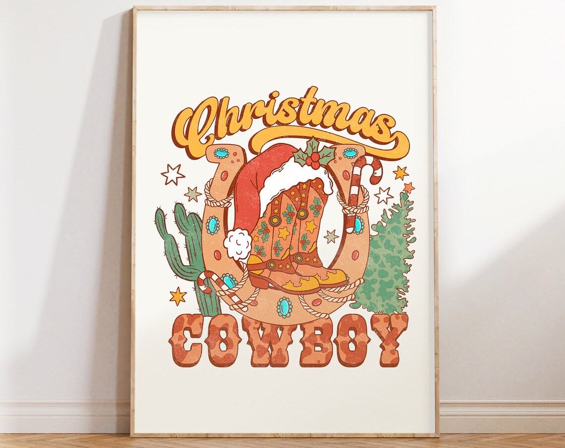 Christmas Cowboy Western Boot Horseshoe Cactus Retro Quote Poster